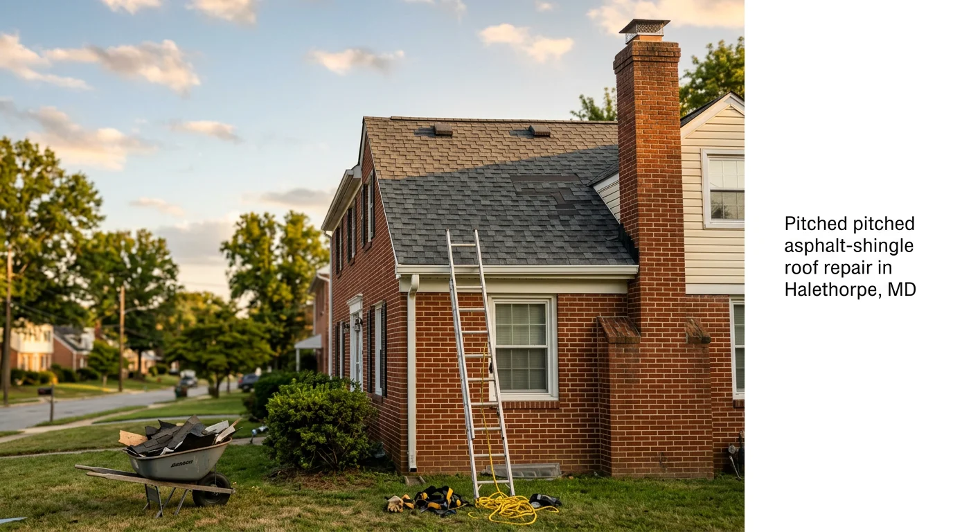 Professional construction crew working on residential roofing project in Halethorpe, Maryland