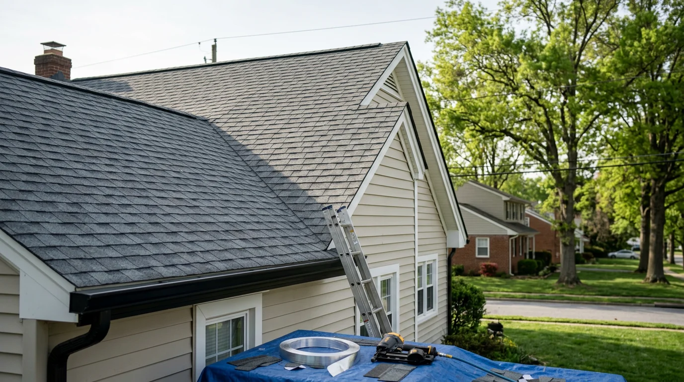Roofing contractor installing new roof on residential home in Maryland