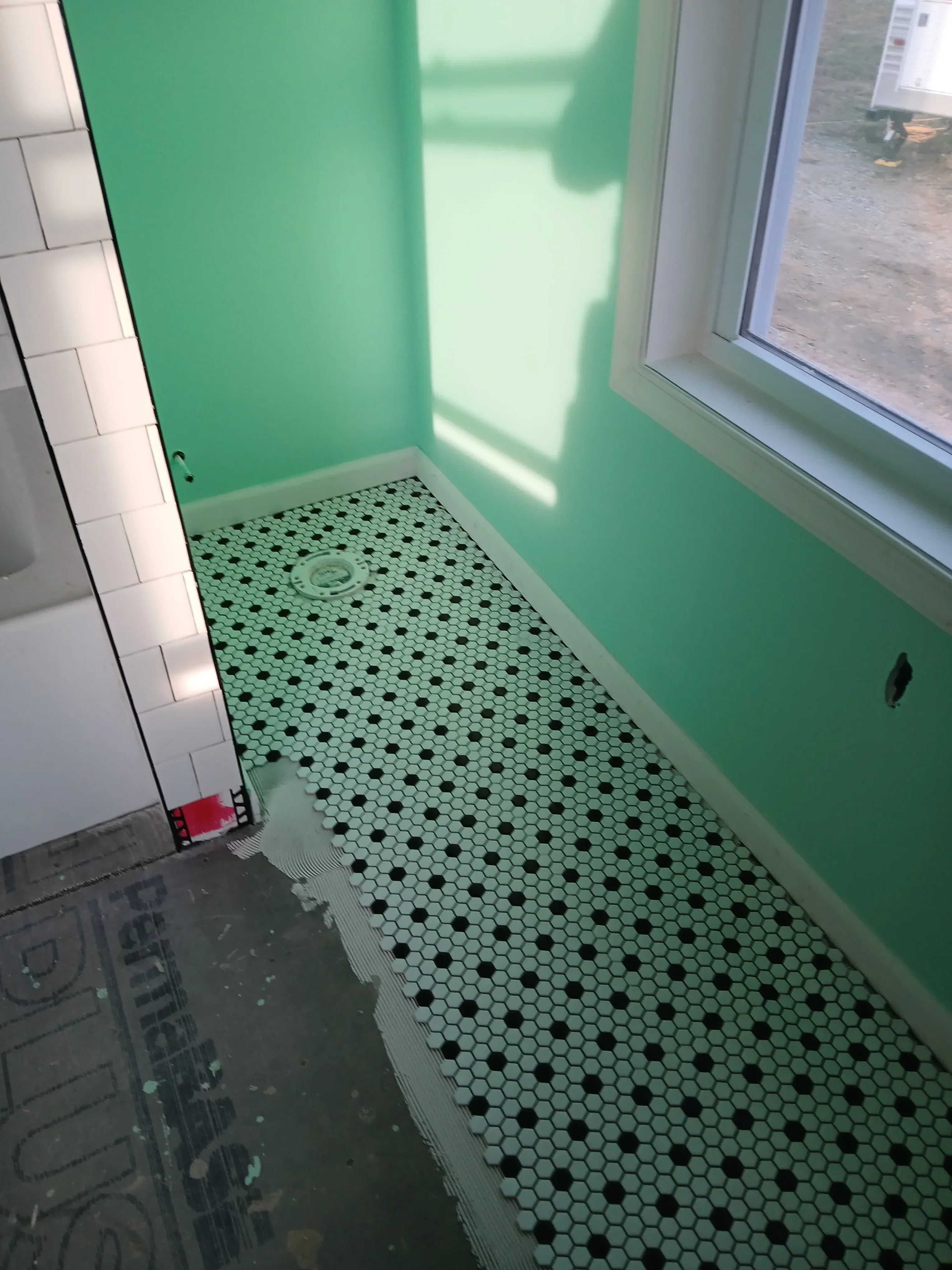 Green painted bathroom ceiling and walls with white and black hexagonal mosaic tile installation
