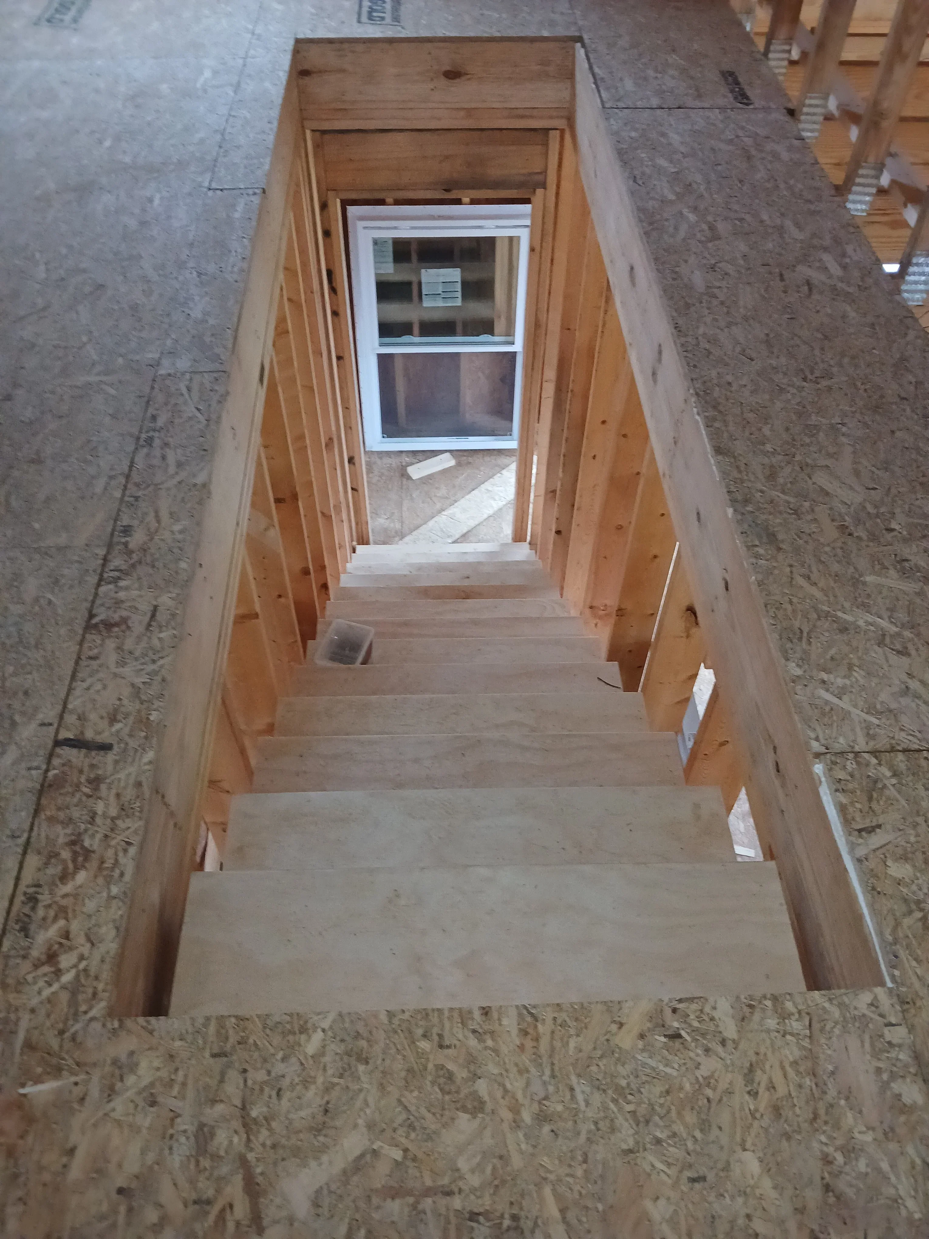 Double-hung window installed in wood-framed opening with OSB sheathing and exposed lumber framing