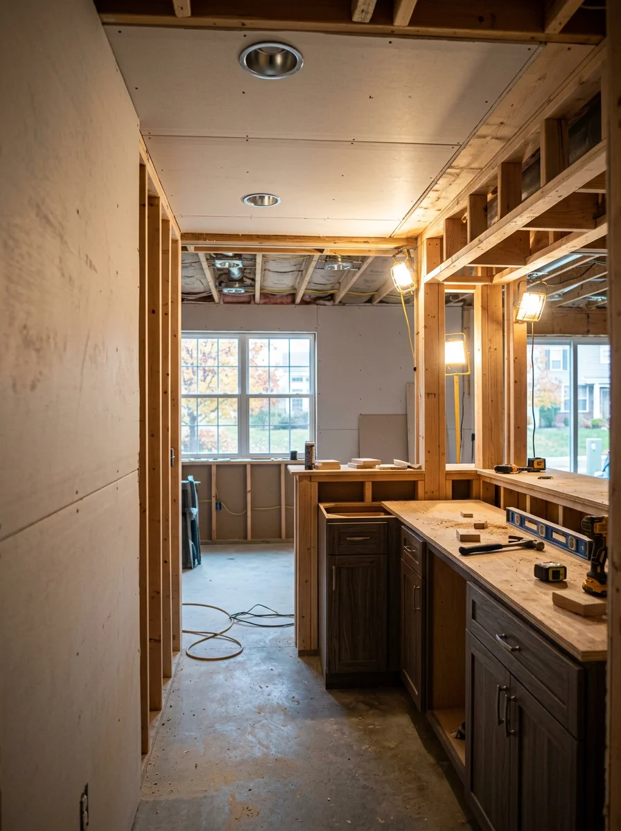 Finished basement man cave remodel in a Columbia, MD single-family home, showing framed walls, recessed lighting, and a bar area in a previously unfinished lower level.