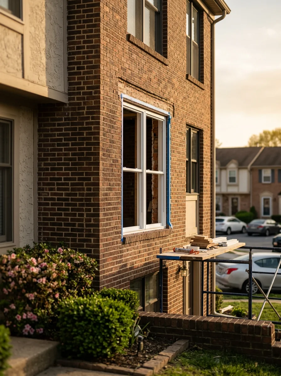 Window and door replacement in progress on a 1990s townhome in Elkridge, MD, showing new insulated vinyl window units being installed in the existing frame openings.