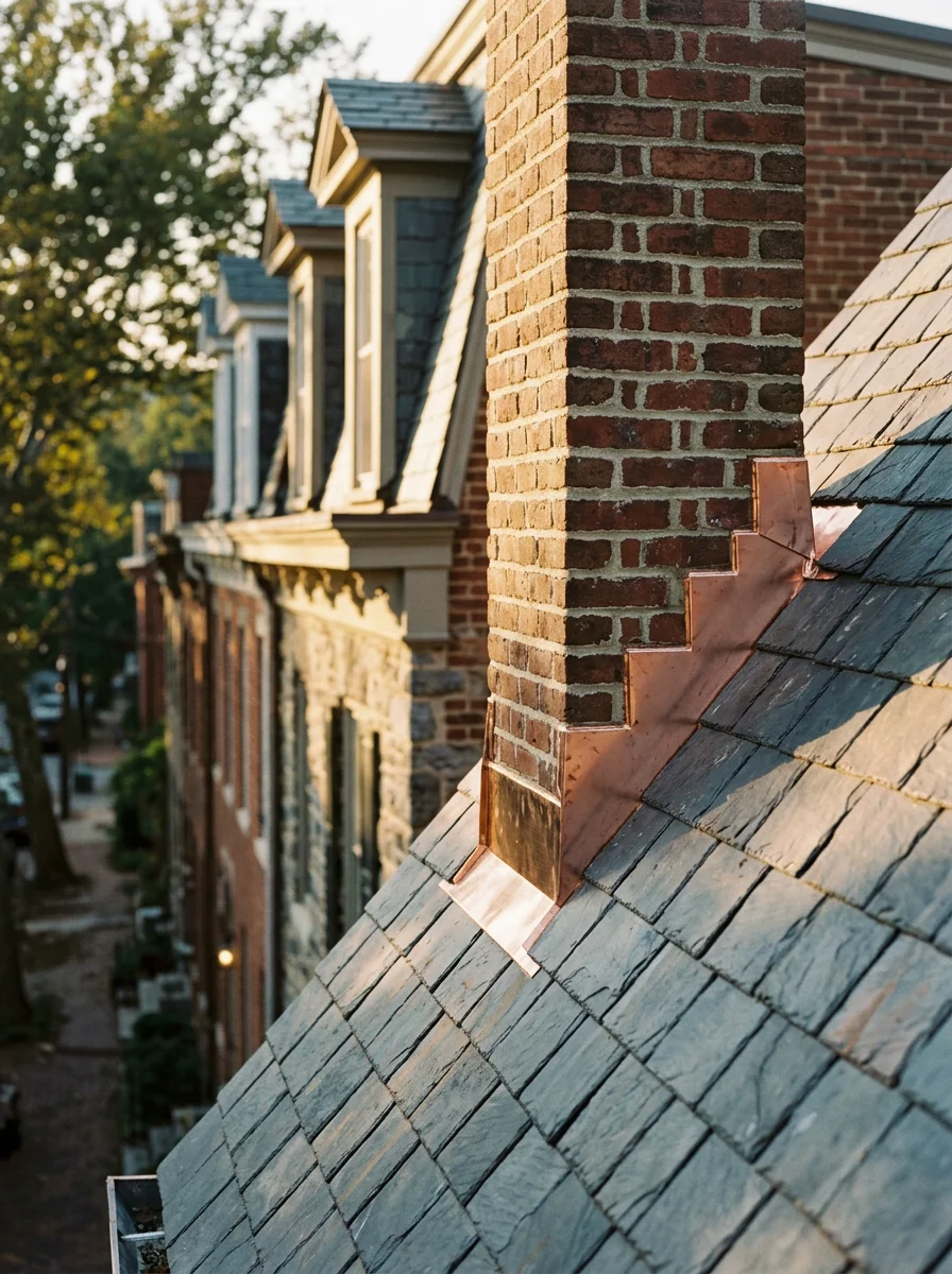 Roofing crew working on a steep-pitch Victorian-era home in Ellicott City's historic district, with custom flashing installed around an original masonry chimney.
