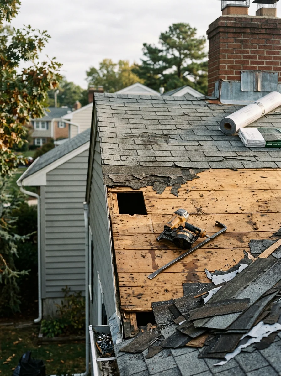 Roofing crew removing multiple layers of old shingles from a mid-century single-family home in Glen Burnie, MD, with decking inspection underway before new installation.