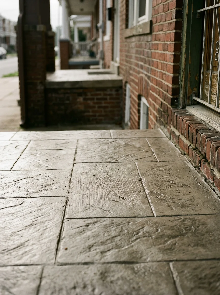 Close-up of stamped concrete hardscape work at a Halethorpe row home, showing clean joint lines and a brushed finish on the front landing.
