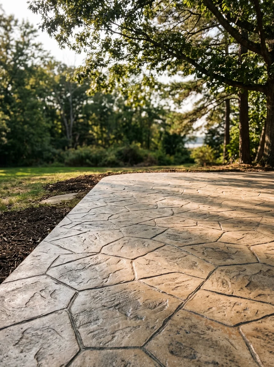 Stamped concrete patio and outdoor hardscape installed on a large rear lot in Pasadena, MD, with a waterfront-adjacent wooded buffer visible beyond the property line.