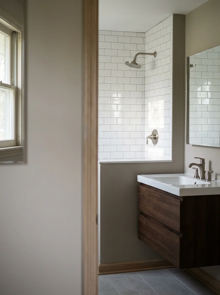Renovated bathroom in a 1970s Severn, MD ranch home, showing updated tile, a new vanity, and modern fixtures replacing the original cast-iron tub and single-sink layout.