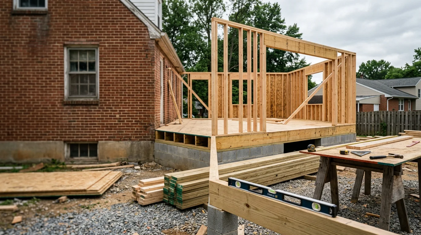 A newly completed two-story home addition attached to a residential house in Halethorpe, MD, showing matched exterior siding and a continuous roofline. The addition extends the rear of the home with new windows and a clean transition from the original structure.