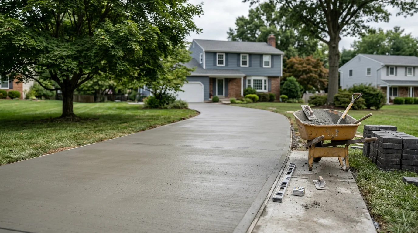 A finished backyard deck and concrete patio addition built by R&R Construction And Restoration Service's LLC at a residential home in Halethorpe, MD. The hardscape area includes a level patio surface and wood deck framing set against a typical Maryland residential lot.