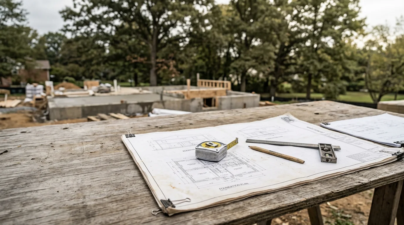 A building design plan laid out on a work surface with a residential property in the Halethorpe, MD area visible in the background. The image shows a contractor reviewing structural drawings for a home addition project in Central Maryland.