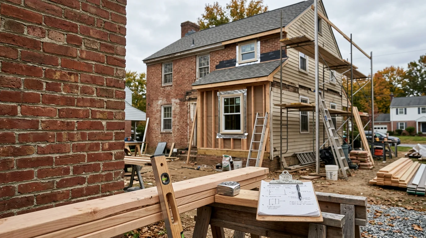 A building project in progress in Halethorpe, MD, showing framed walls and new construction work on a residential property. R&R Construction And Restoration Service's LLC crew working on-site in the Baltimore County area.
