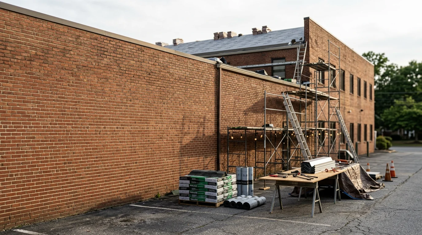 A commercial building under construction in Halethorpe, MD, with framing and exterior work visible against a clear sky. R&R Construction And Restoration Service's LLC crew working on a commercial property in the Baltimore and Washington corridor.