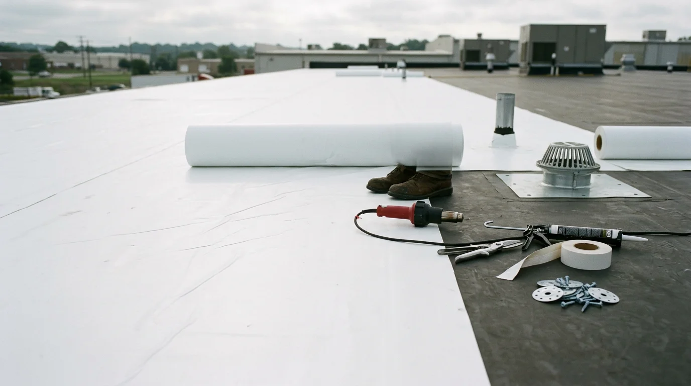 A commercial flat roof on a mid-size office building in Halethorpe, MD showing a low-slope membrane surface with drainage points and rooftop equipment. Work being assessed by a contractor in the central Maryland area.