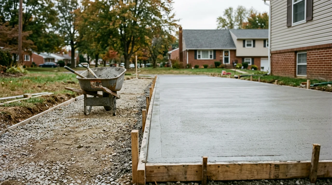 Freshly poured and finished concrete slab at a residential property in Halethorpe, MD, with smooth surface and clean formed edges visible. A contractor levels the wet concrete during the pour on a clear day.