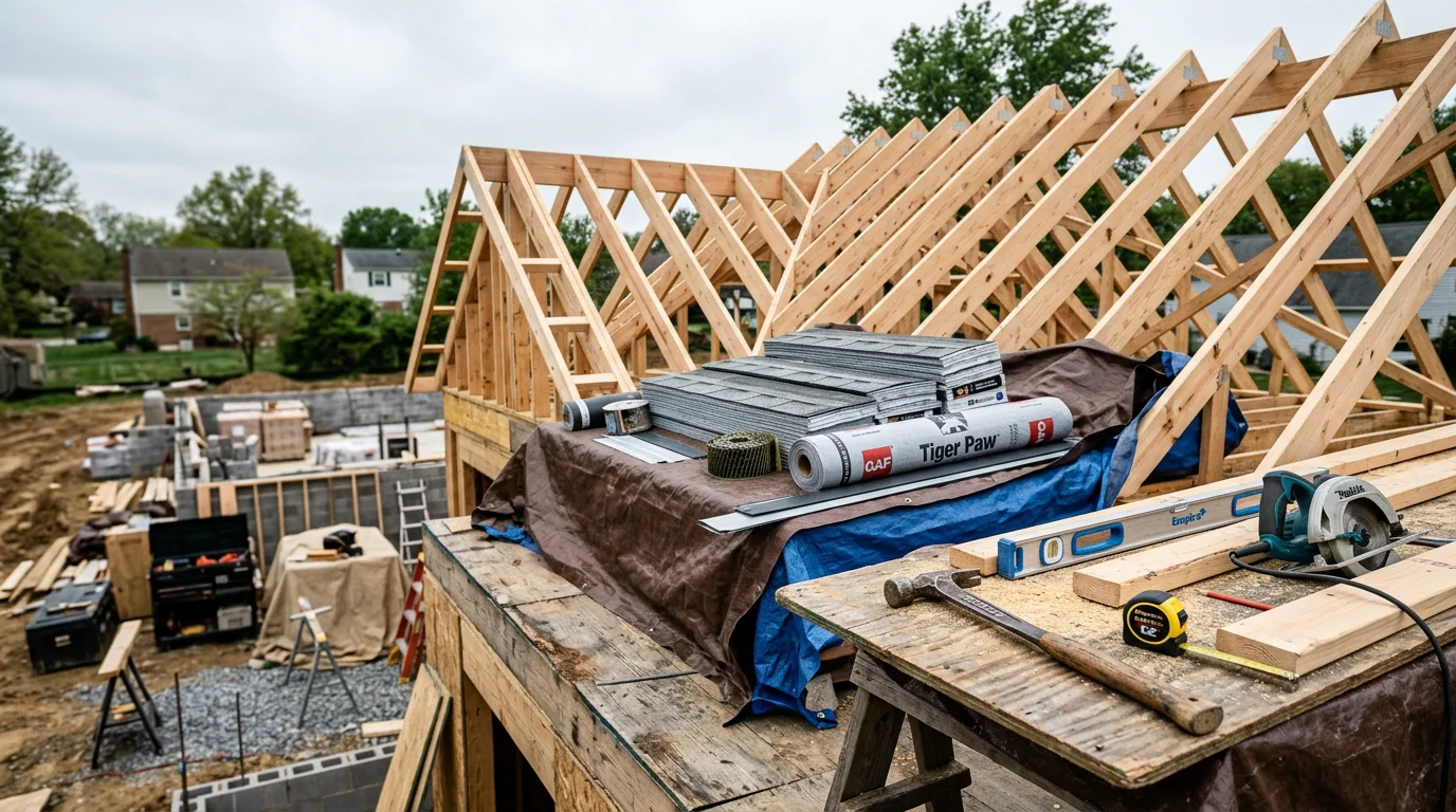 A construction crew completing structural work on a residential property in Halethorpe, MD. The scene shows framing and build progress on a home typical of the Baltimore County area.