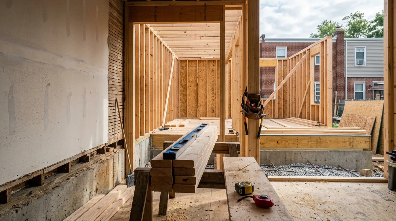 A completed construction project on a residential property in Halethorpe, MD, showing finished structural work on a Maryland-style home. R&R Construction And Restoration Service's LLC crew working on a building exterior in the Baltimore County area.