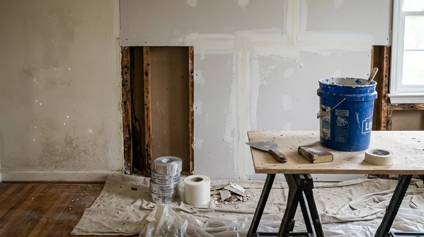 A restored interior room in a Halethorpe, MD home showing repaired drywall, fresh framing, and finished surfaces after storm damage work. A contractor reviews the completed construction restoration scope inside the property.