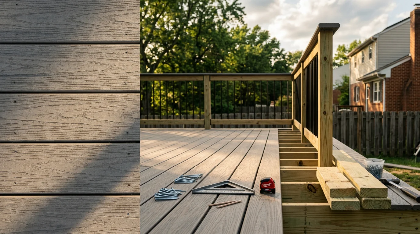 A newly built wood deck attached to a residential home in Halethorpe, MD, with clean railing lines and an open backyard view. The deck structure shows solid post and beam construction suited to the Maryland climate.