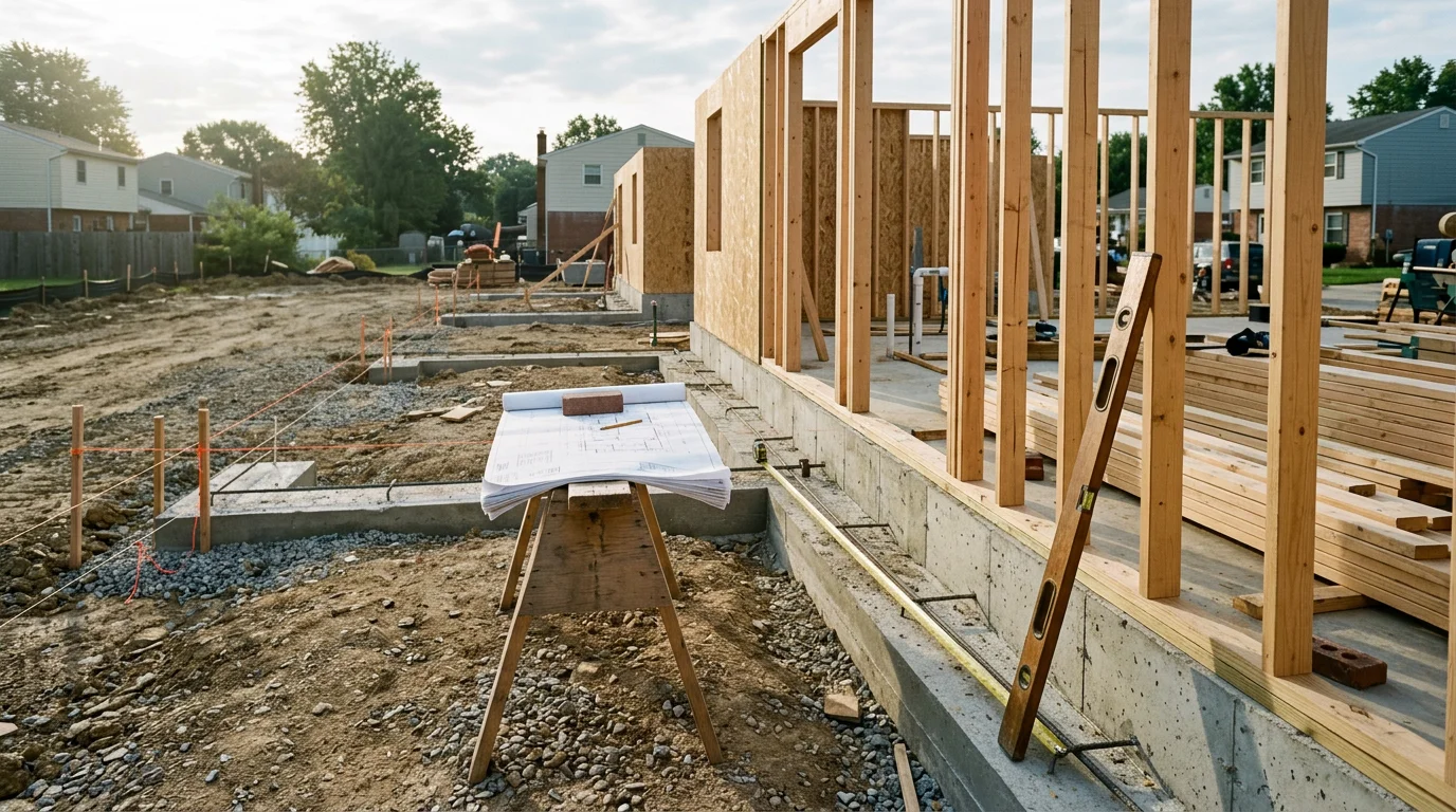 A newly constructed residential structure in Halethorpe, MD showing framed walls and roof line against a clear sky. A contractor reviews building plans on site during the active construction phase.