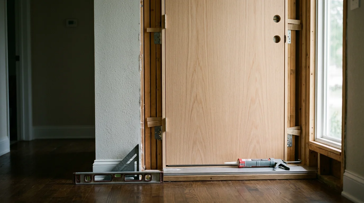 A newly installed exterior entry door on a single-family home in Halethorpe, MD, with a clean frame, tight weatherstripping, and a finished threshold visible at the base.
