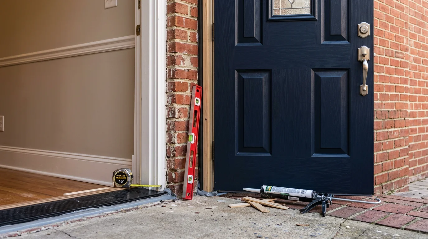 A newly installed exterior entry door on a single-family home in Halethorpe, MD, with a clean frame and tight threshold seal. The replacement door sits flush in the opening with no visible gaps around the edges.