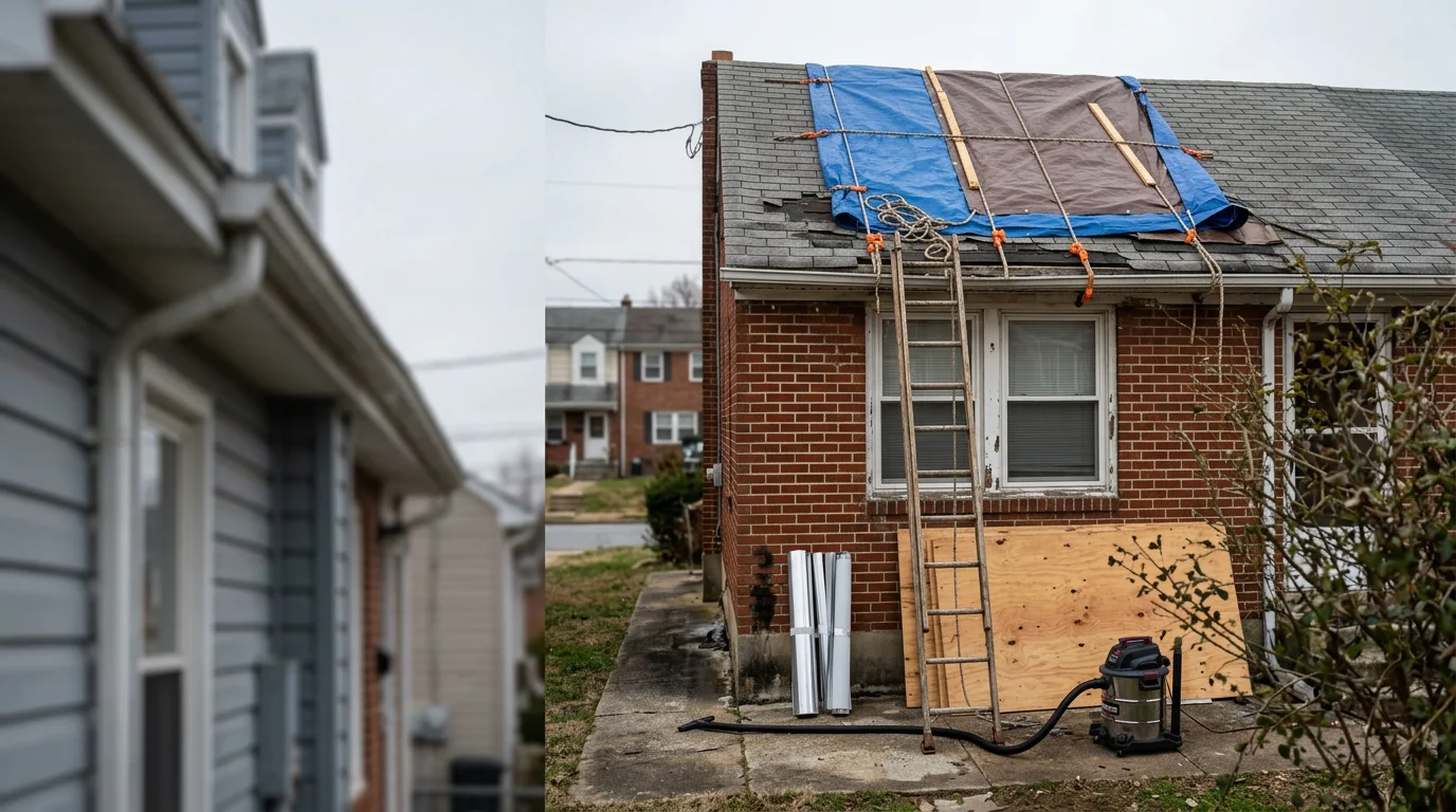A contractor from R&R Construction And Restoration Service's LLC assessing storm damage on a residential home in Halethorpe, MD. Damaged exterior materials are visible, showing the scope of the emergency repair work needed.