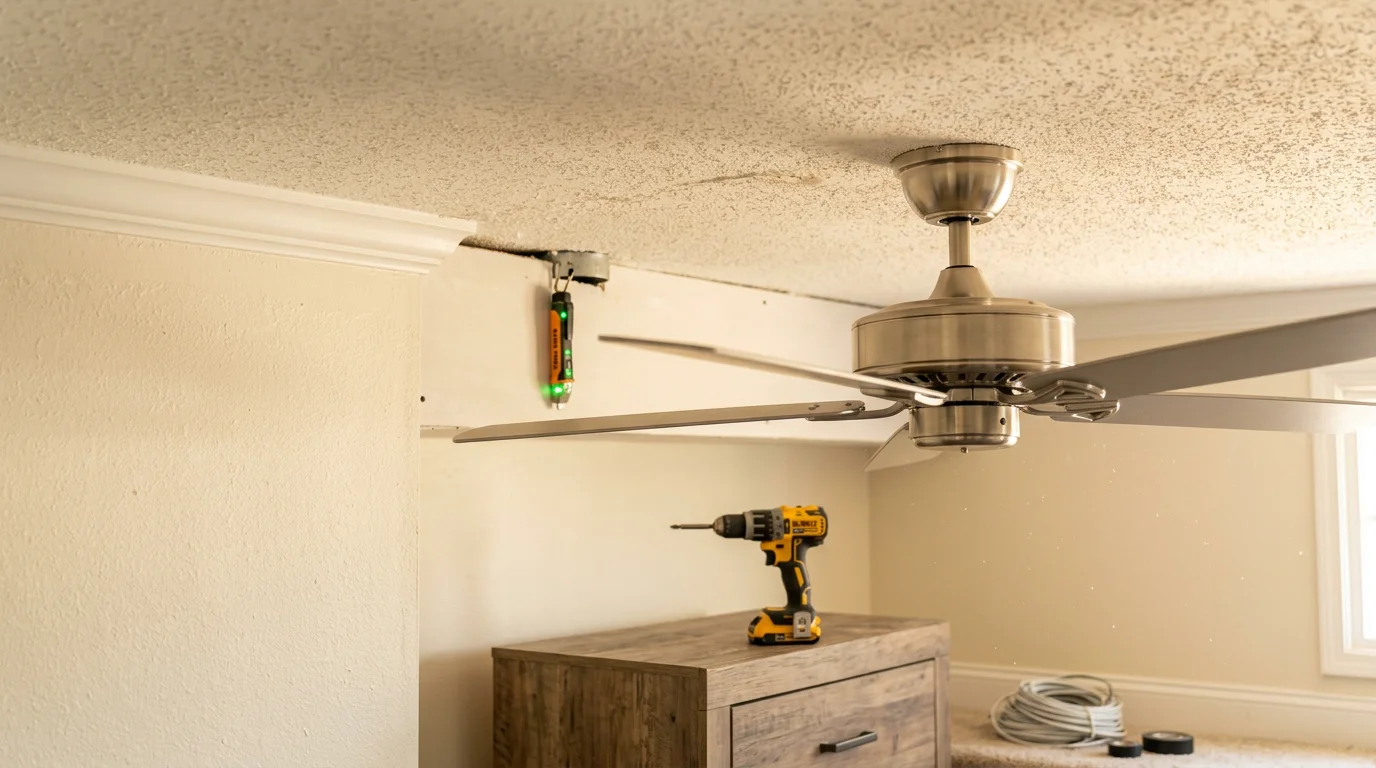 A ceiling fan mounted flush to the ceiling of a residential living room in Halethorpe, MD, with clean wiring and a stable bracket. A contractor from R&R Construction And Restoration Service's LLC inspects the finished installation.