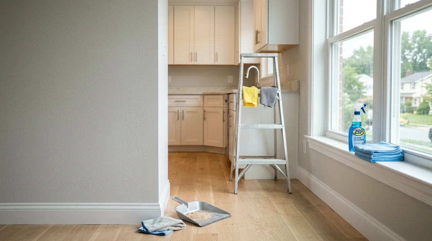 Interior of a freshly completed renovation in Halethorpe, MD showing clean floors, polished fixtures, and spotless windows after a professional final clean. Construction dust and debris have been fully removed, leaving the space move-in ready.