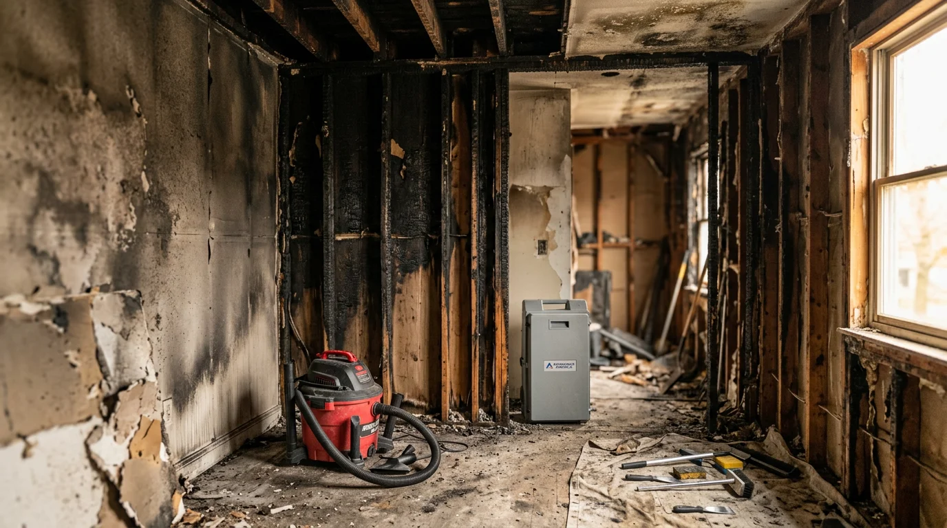 A residential home in Halethorpe, MD showing fire and smoke damage to interior walls and ceiling structure, with debris cleared and restoration work in progress. A contractor from R&R Construction And Restoration Service's LLC assesses charred framing and soot-covered surfaces during the fire damage restoration process.