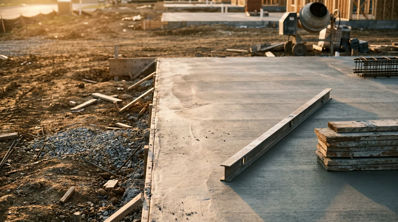 Freshly poured concrete foundation with set forms and smooth finished surface at a residential construction site in Halethorpe, Maryland. Workers finish the edges of the slab against a backdrop of Maryland clay soil and framed lumber ready for wall installation.