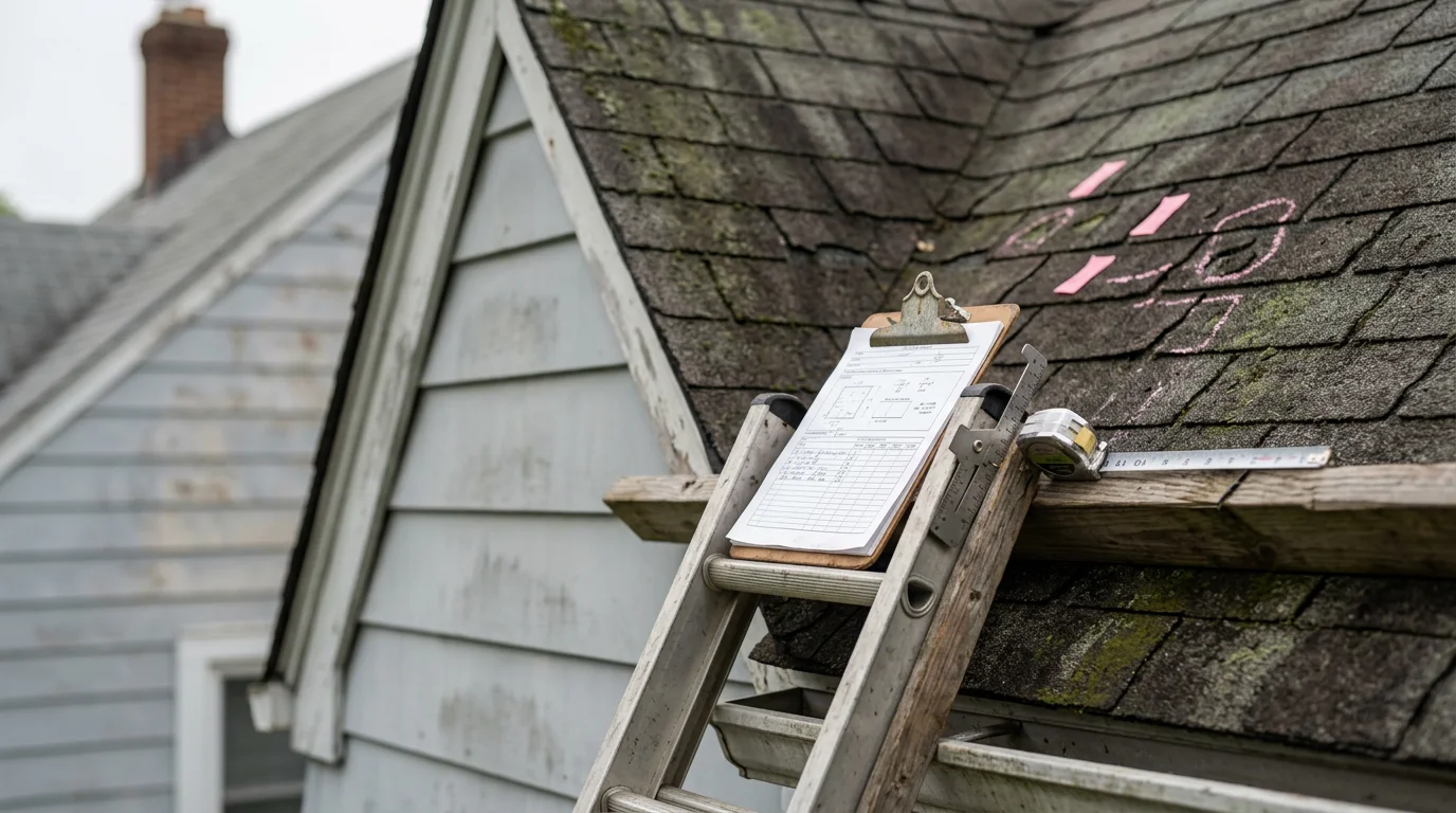 A contractor from R&R Construction And Restoration Service's LLC reviewing a residential property exterior during a free estimate visit in Halethorpe, MD. The contractor examines the structure up close while taking notes on a clipboard.