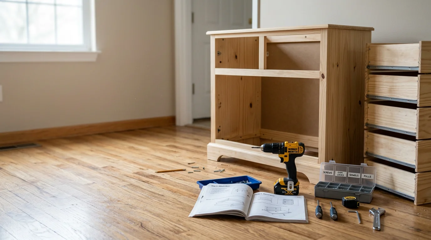 A fully assembled wooden bed frame and dresser set inside a tidy bedroom in a Halethorpe, MD home, with empty flat-pack boxes stacked neatly in the corner ready for removal.