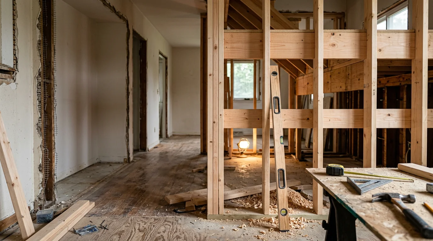 General construction work in progress on a single-family home in Halethorpe, MD, showing framing and structural build-out on a mid-century residential property. R&R Construction And Restoration Service's LLC crew working on an addition in the Baltimore County area.
