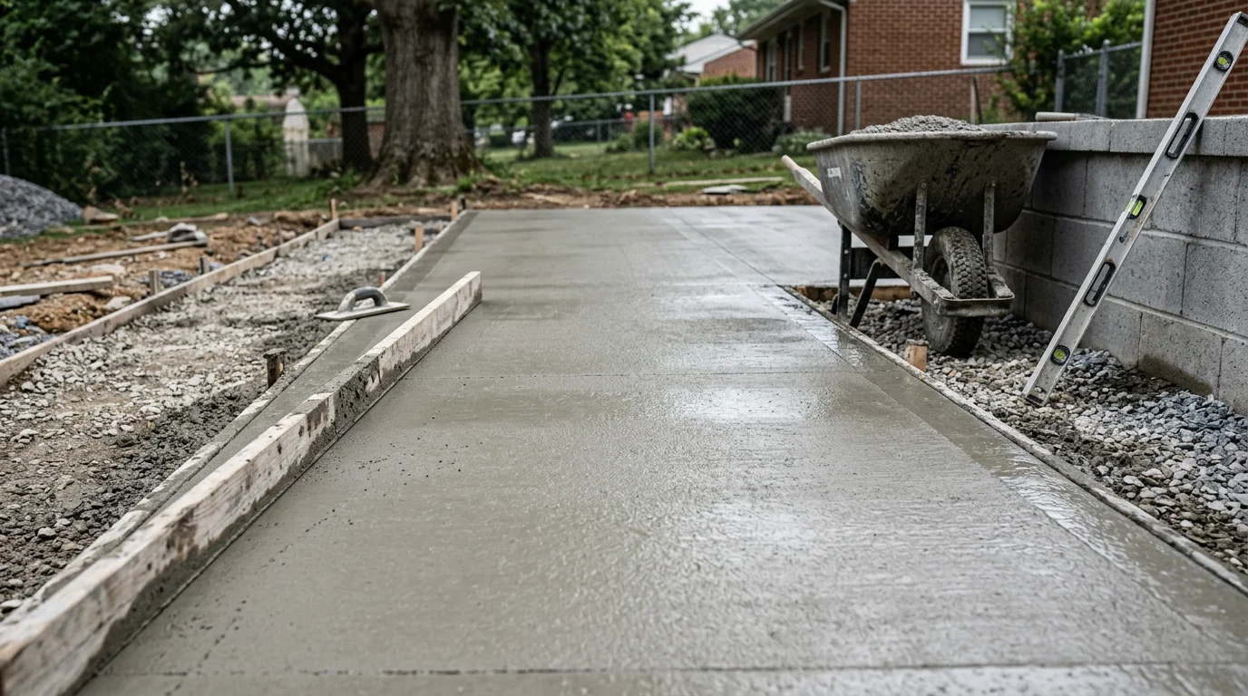 Freshly installed concrete patio and walkway at a residential property in Halethorpe, MD, with clean edges and a smooth surface leading to the home's rear entrance. A low retaining wall runs along the yard's sloped edge, holding back soil and defining the outdoor space.