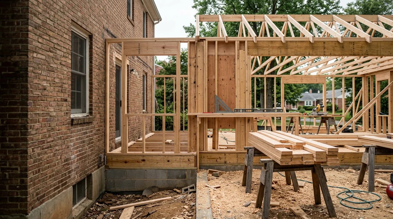 A newly completed home addition attached to a residential property in Halethorpe, MD, showing framed exterior walls and a roofline that matches the existing structure. The addition extends the rear of the home and connects flush with the original siding.