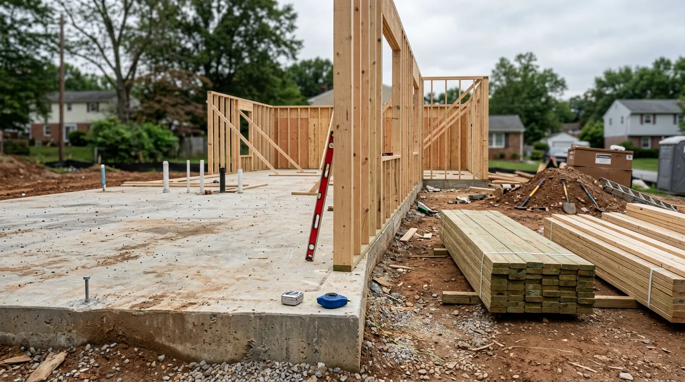 A newly framed residential home under construction on a lot in Halethorpe, Maryland, with exposed wood framing and a clear blue sky overhead. A construction crew works on the structure, showing active progress on a custom home build in the Baltimore County area.