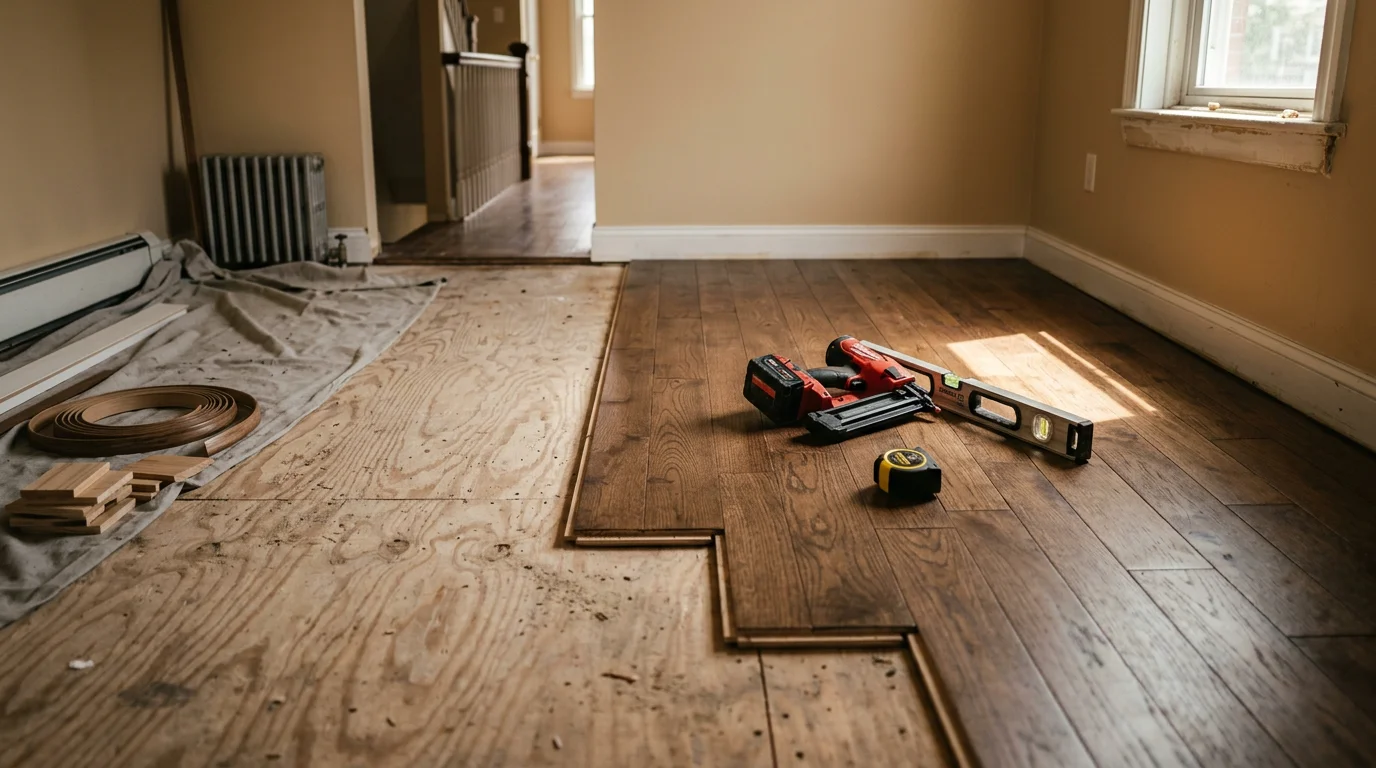 Freshly installed flooring covering the main living area of a single-family home in Halethorpe, MD, with clean edges along the baseboards and a smooth, even surface throughout the room.