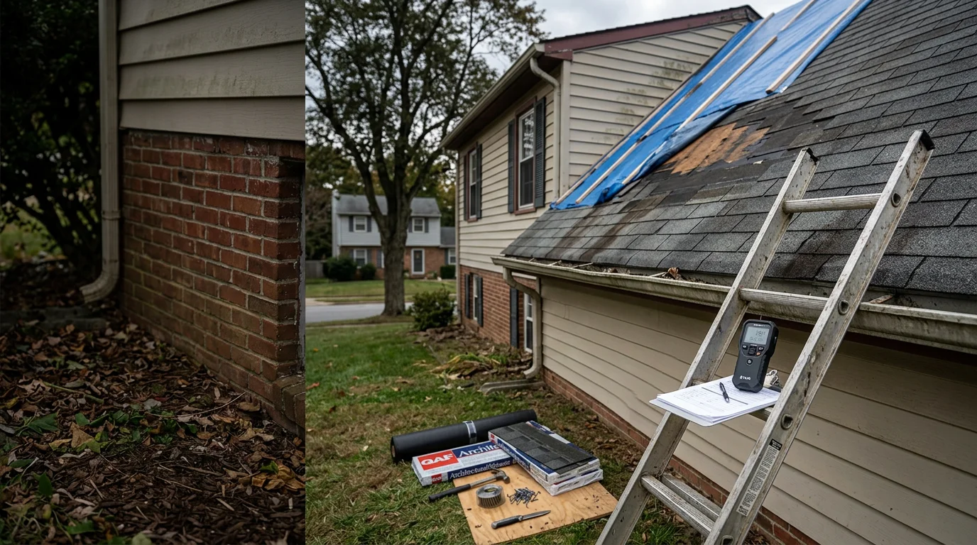 A residential home in Halethorpe, MD showing repaired storm damage to the roof and exterior siding after an insurance restoration project. A contractor reviews the completed work against the property's pre-loss condition.