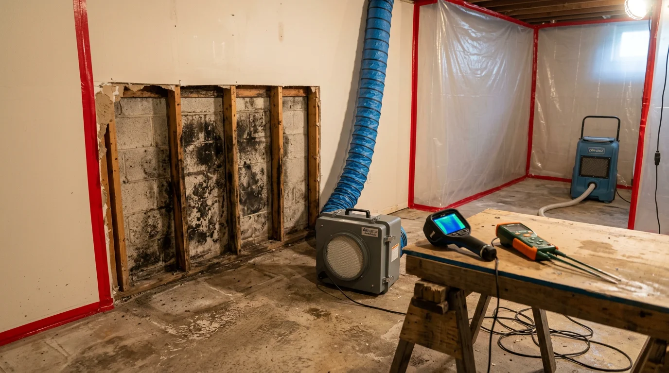 A contractor in protective gear removing mold-damaged drywall from a basement in Halethorpe, MD. The work area is contained with plastic sheeting to prevent spore spread during the removal process.