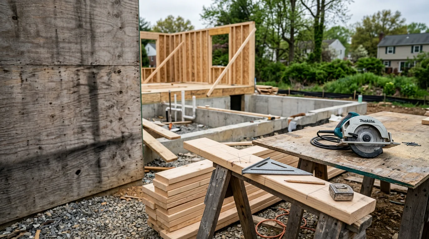 New construction framing in progress on a residential lot in Halethorpe, MD, showing structural wood framing and exterior sheathing under a clear sky. R&R Construction And Restoration Service's LLC crew working on a ground-up build in the Baltimore County area.