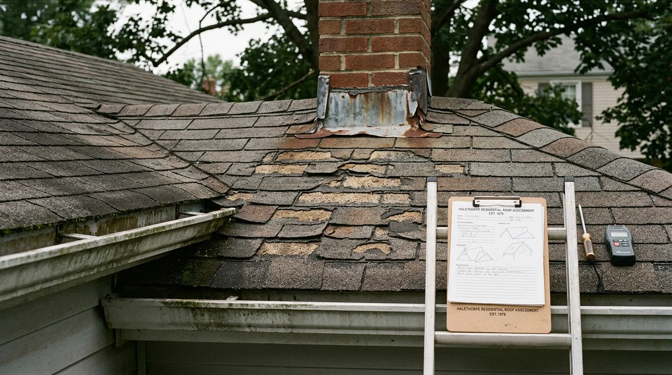 A worn residential roof in Halethorpe, MD showing curled shingles, granule loss, and aging flashing around a chimney. A contractor from R&R Construction And Restoration Service's LLC inspects the ridge line and low-slope sections for moisture damage.