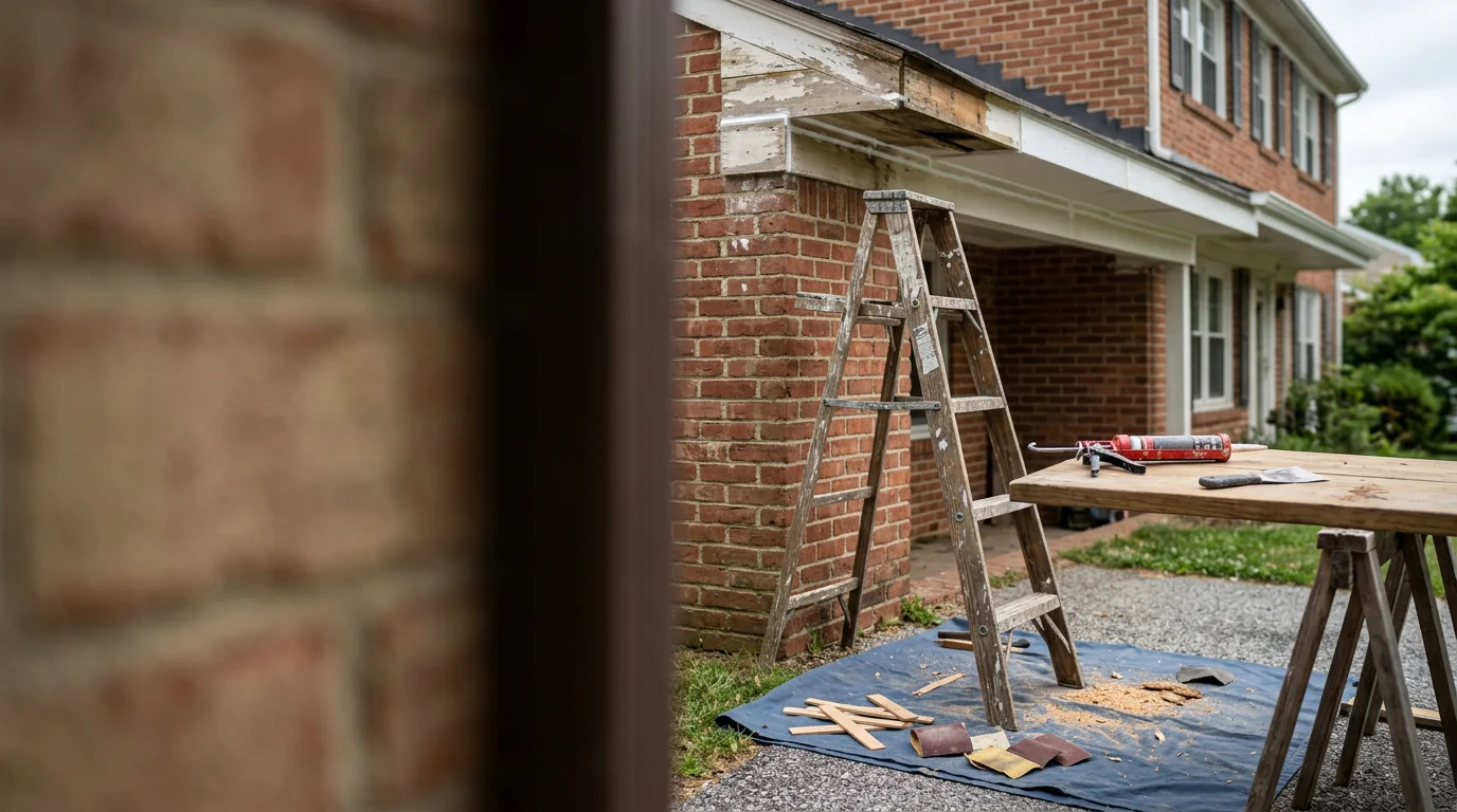 A contractor repairing interior wall surfaces inside a residential home in Halethorpe, MD. The work area shows patched drywall and clean trim being restored to finished condition.