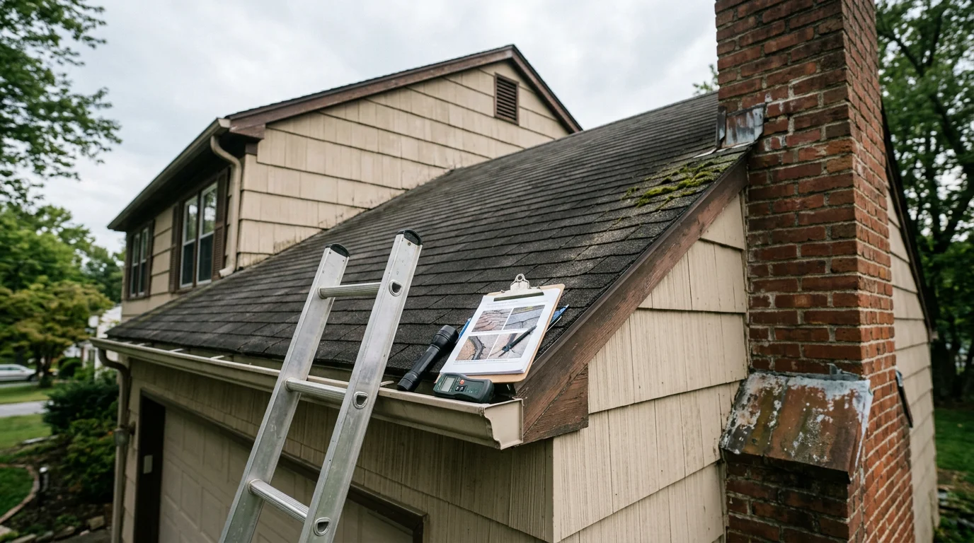 A roofing contractor from R&R Construction And Restoration Service's LLC inspecting the shingles and flashing on a residential home in Halethorpe, MD. The inspector examines the ridge line and drainage points on an older single-family home typical of southwest Baltimore County.