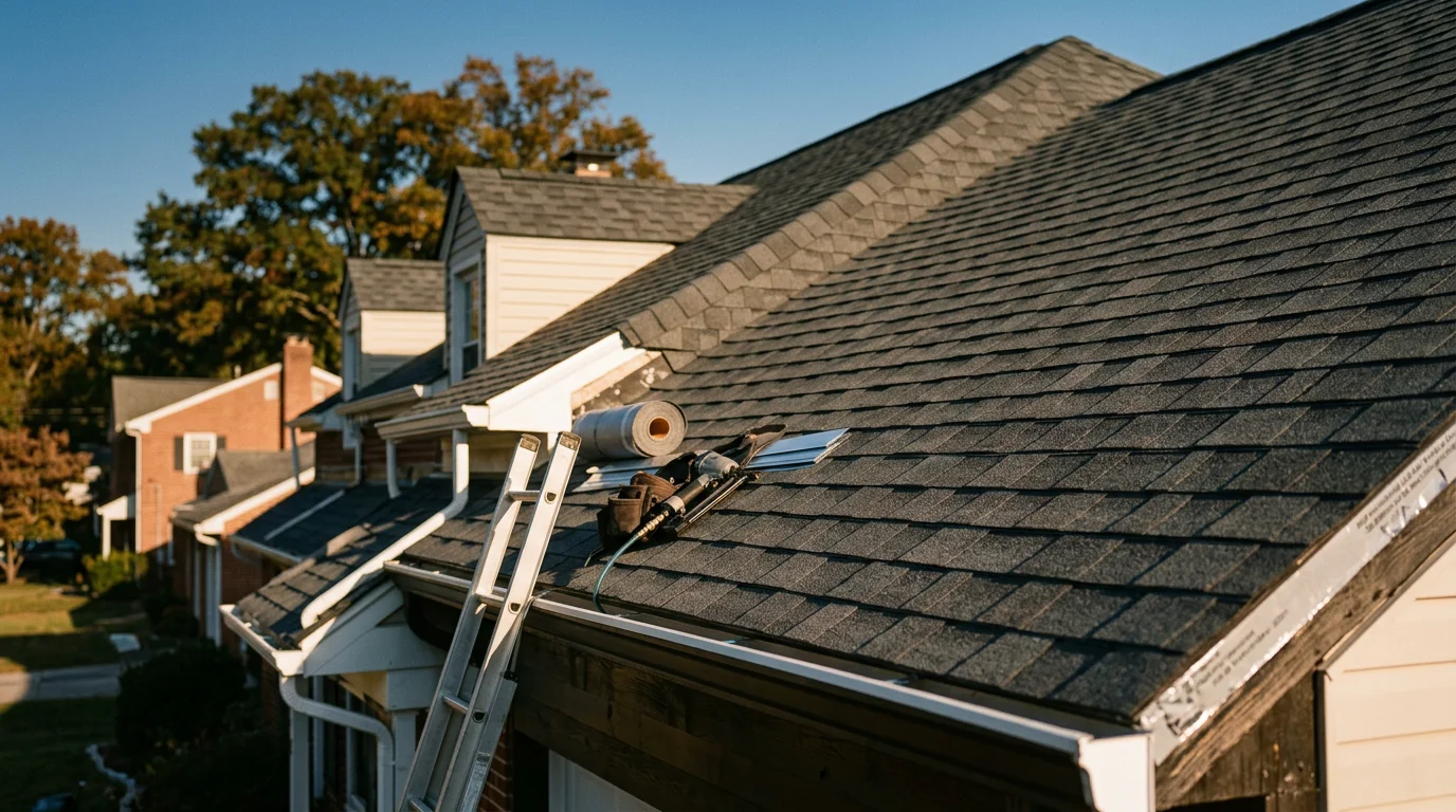 A completed residential roof installation on a Baltimore County home in Halethorpe, MD, showing a full new roof surface with clean ridge lines, drip edge, and step flashing along a dormer. R&R Construction And Restoration Service's LLC crew working on a pitched roof in a Halethorpe neighborhood with mature trees visible in the background.