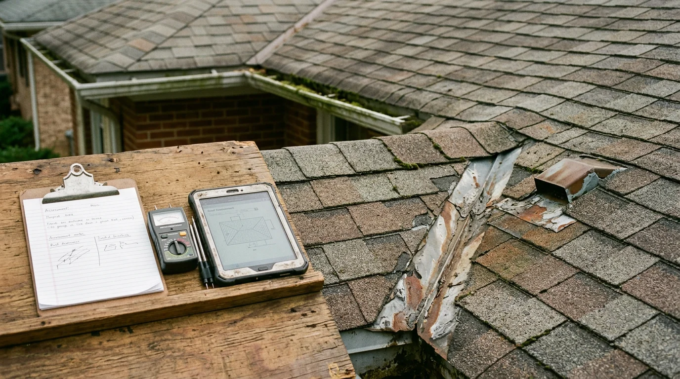 A roofing contractor from R&R Construction And Restoration Service's LLC reviewing the condition of a residential roof during a consultation in Halethorpe, MD. The image shows an older single-family home with a pitched roof being assessed for storm wear and surface damage.