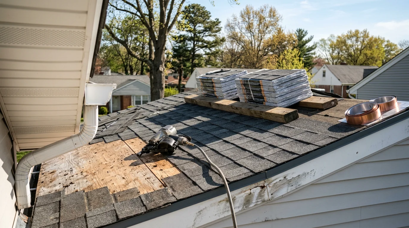 A residential home in Halethorpe, MD with a freshly completed roof replacement and new siding installation visible on the front and side exterior. The work shows clean ridge lines, uniform shingle courses, and flush siding panels along the full facade.