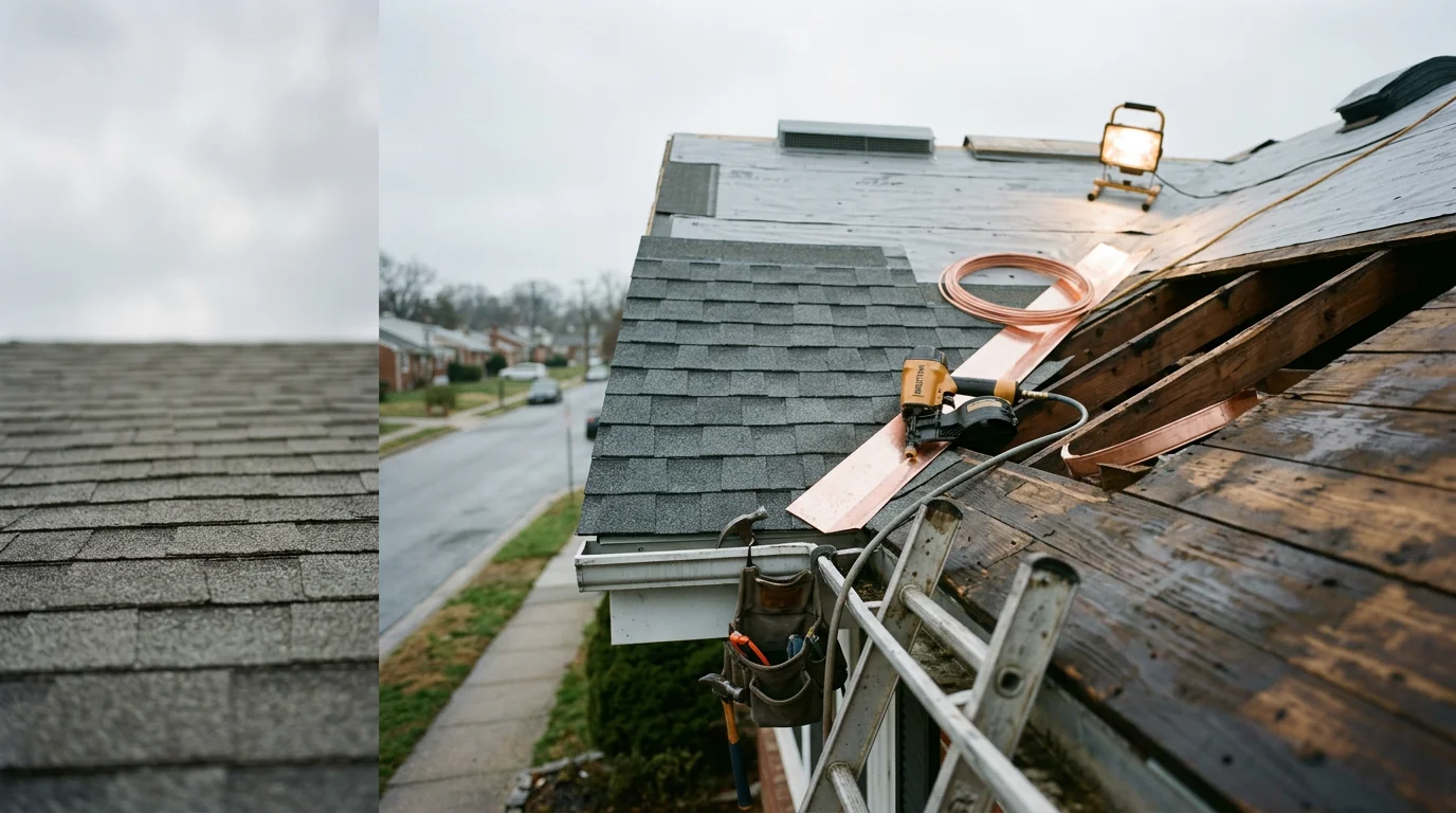 A roofing system installation in progress on a mid-century single-family home in Halethorpe, MD, showing new decking and roofing materials being applied to the pitched roof. The surrounding neighborhood of older residential homes is visible in the background.