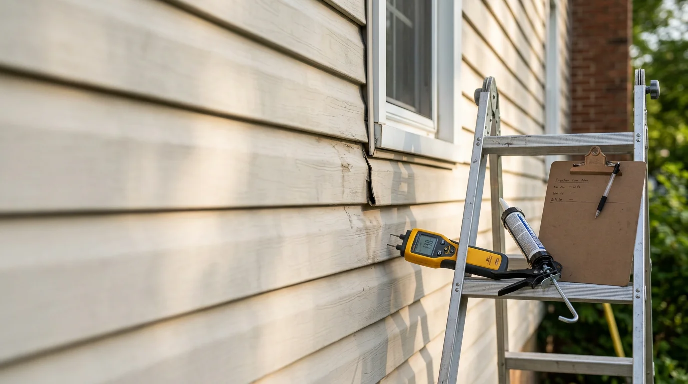 A siding contractor closely examining the exterior wall panels and trim of a mid-century single-family home in Halethorpe, MD, checking for gaps, moisture damage, and loose sections during a professional siding inspection.