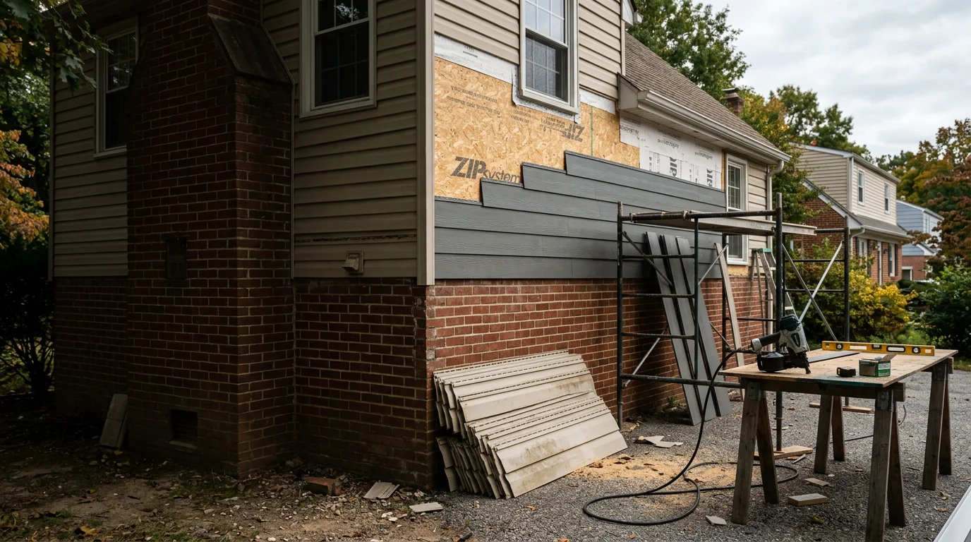 Freshly completed siding replacement on a residential home in Halethorpe, MD, showing new exterior panels installed across the full front and side walls. The old worn siding has been removed and replaced with clean, uniform panels suited to Maryland's humid climate.