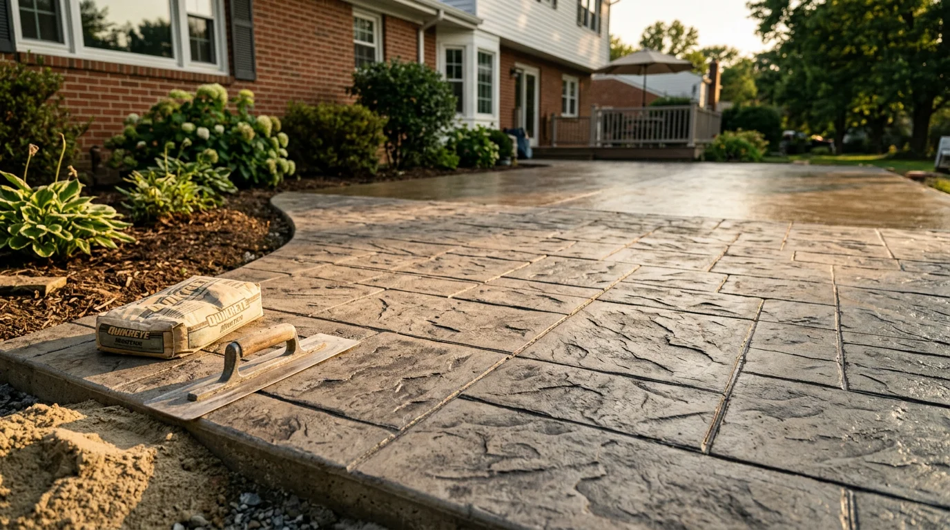 Freshly installed stamped concrete patio with a natural stone pattern and earth-tone coloring at a residential property in Halethorpe, MD. The surface shows clean texture detail and defined edges along a backyard outdoor living area.